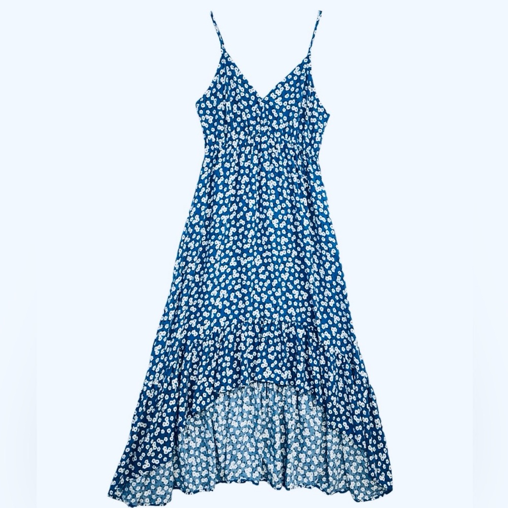 Pacific Vibes | High Low Sundress | LG & XL | Ruffle Blue/Wht 
Floral | Smocked